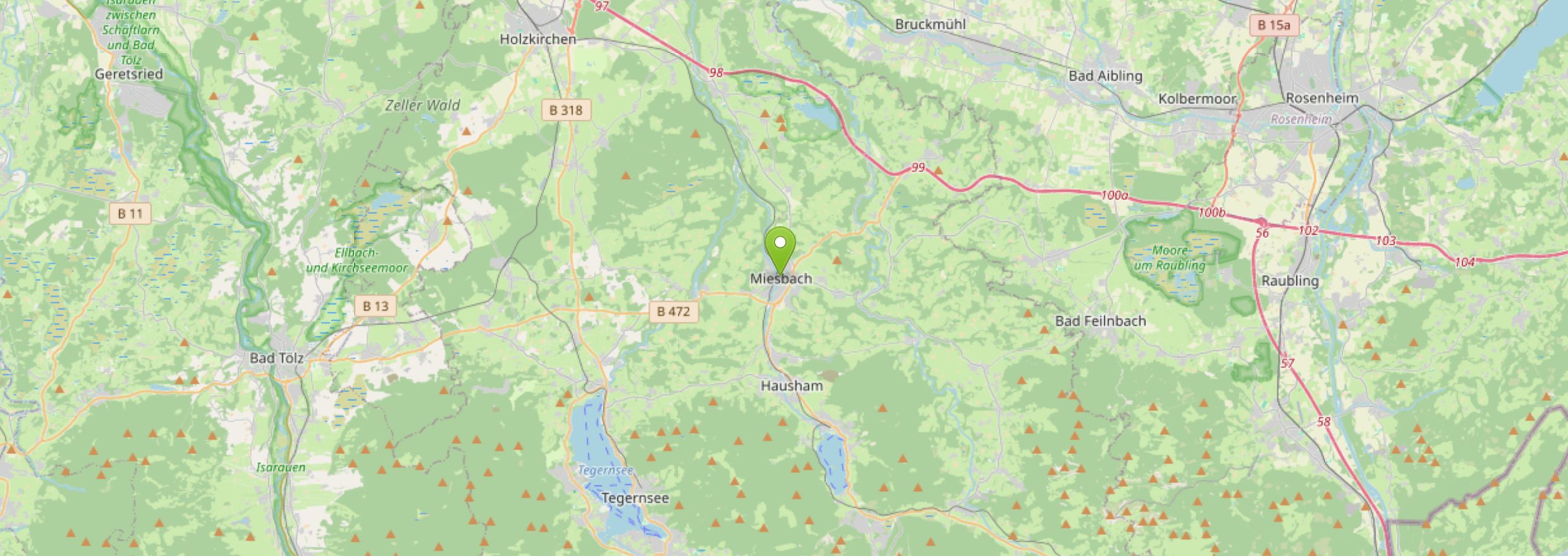 Kartenausschnitt des Einsatzgebiets rund um Miesbach