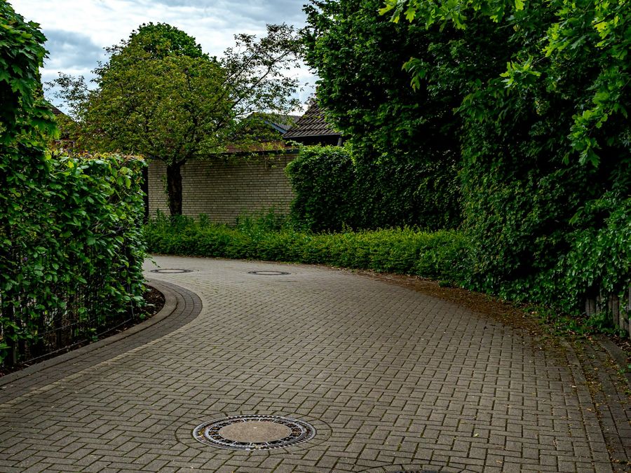 Gepflasterter Weg mit Einfassung zwischen Hecken